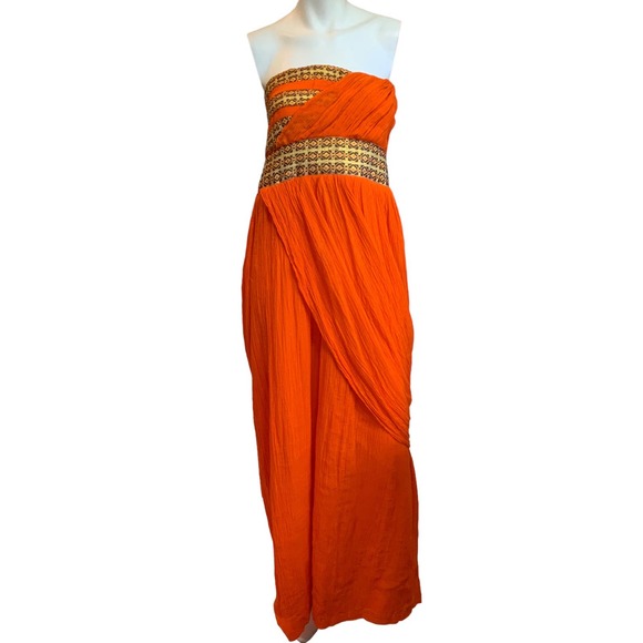 Root Design HandMade Orange Gold Strapless Ethiopian Maxi Dress XL Perfect - Picture 10 of 15